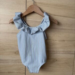 H&M Blue & White Striped Ruffle One-Piece Swimsuit